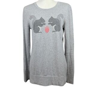 GH BASS Women Cotton Sweater Gray Crew Neck Long‎ Sleeve Squirrels Acorn Graphic